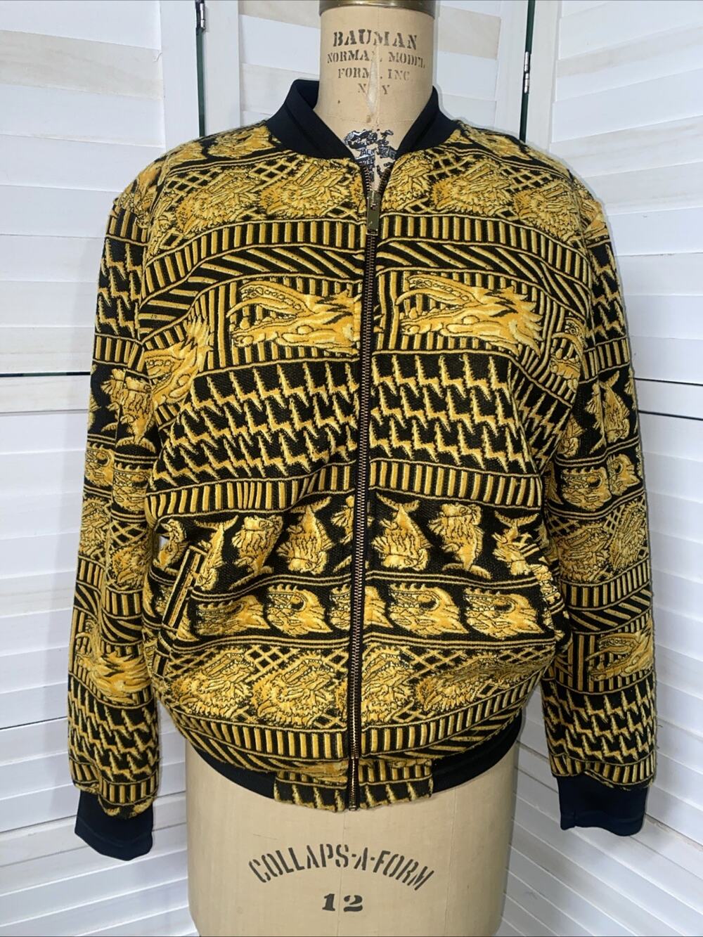 80s 90s ZARA Gold Black Bomber Jacket Women’s Dragon Print Sz Large Turkey